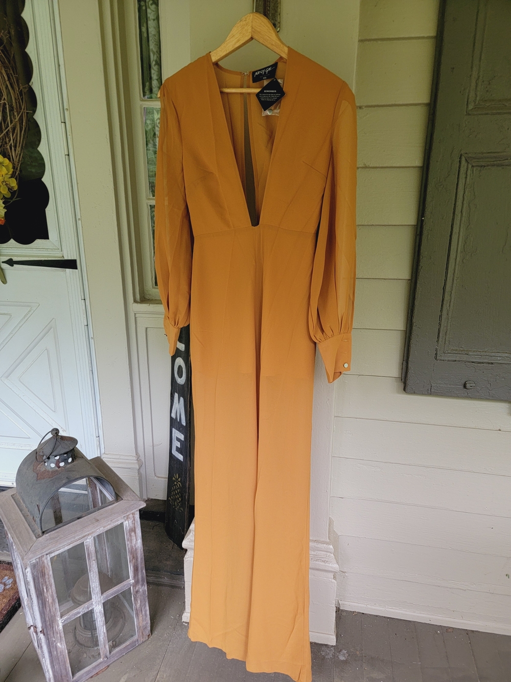 Nasty Gal Split Decision Plunging Mustard Color Poly Crepe Jumpsuit Open Sleeve - Picture 2 of 16